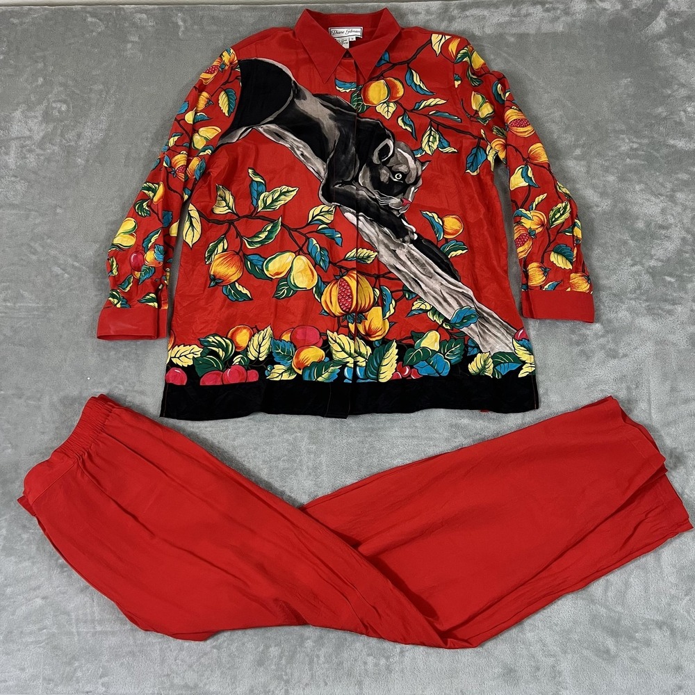 Diane Gilman Silk Shirt Pants Set Womens 1X Red Panther Fruit Print 2 Piece